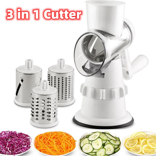 3-in-1 Manual Vegetable Slicer – Rotary Mandoline Cutter, Grater & Shredder for Fast Kitchen Prep