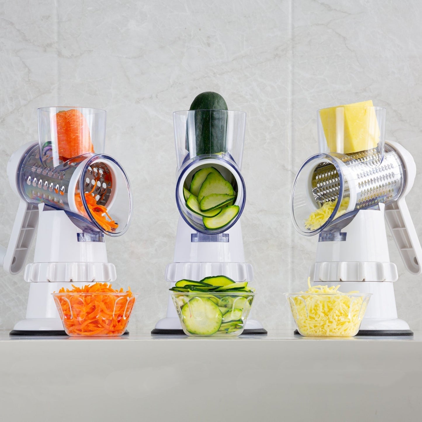 3-in-1 Manual Vegetable Slicer – Rotary Mandoline Cutter, Grater & Shredder for Fast Kitchen Prep